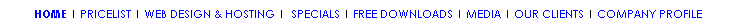 Text Box: HOME | PRICELIST | WEB DESIGN & HOSTING |  SPECIALS | FREE DOWNLOADS | MEDIA | OUR CLIENTS | COMPANY PROFILE
